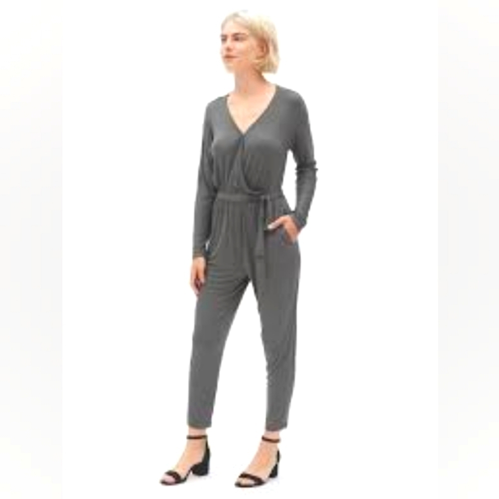 Gap Long-sleeved Wrap Belted Pocket Jumpsuit Grey Women's Size XXLARGE N…